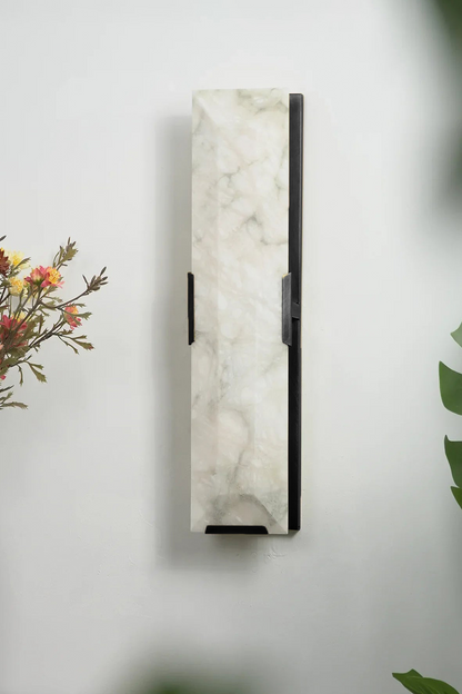 Unlit black-finish alabaster wall lamp | Metal, Alabaster | Detail view of stone texture and dark hardware | vexa lamps