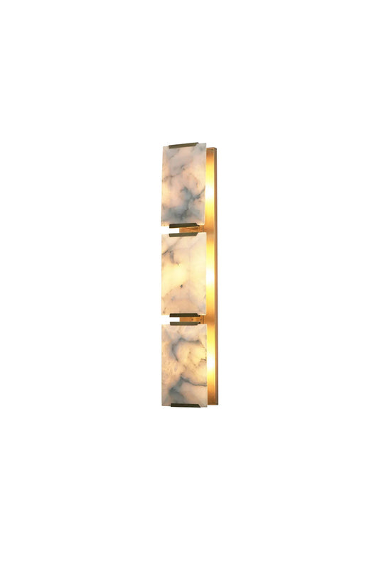 Lit 3-panel rectangular alabaster wall lamp with brass accents | Brass, Alabaster | Front view isolated on white background | vexa lamps