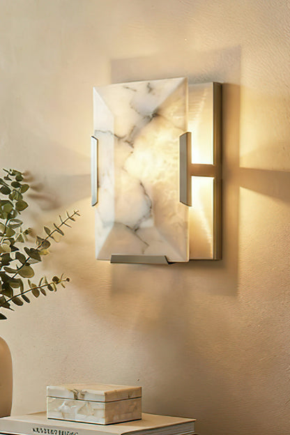 Square rectangular alabaster lamp | Brass, Alabaster | Installed in a cozy nook above decor pieces | vexa lamps