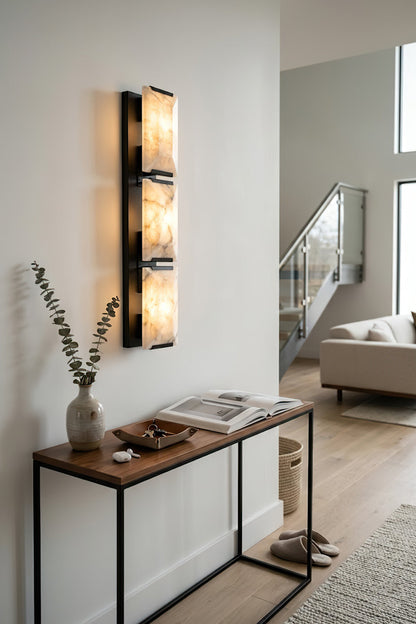 Vertical rectangular alabaster sconce | Brass, Alabaster | Installed in a modern hallway over a console table | vexa lamps