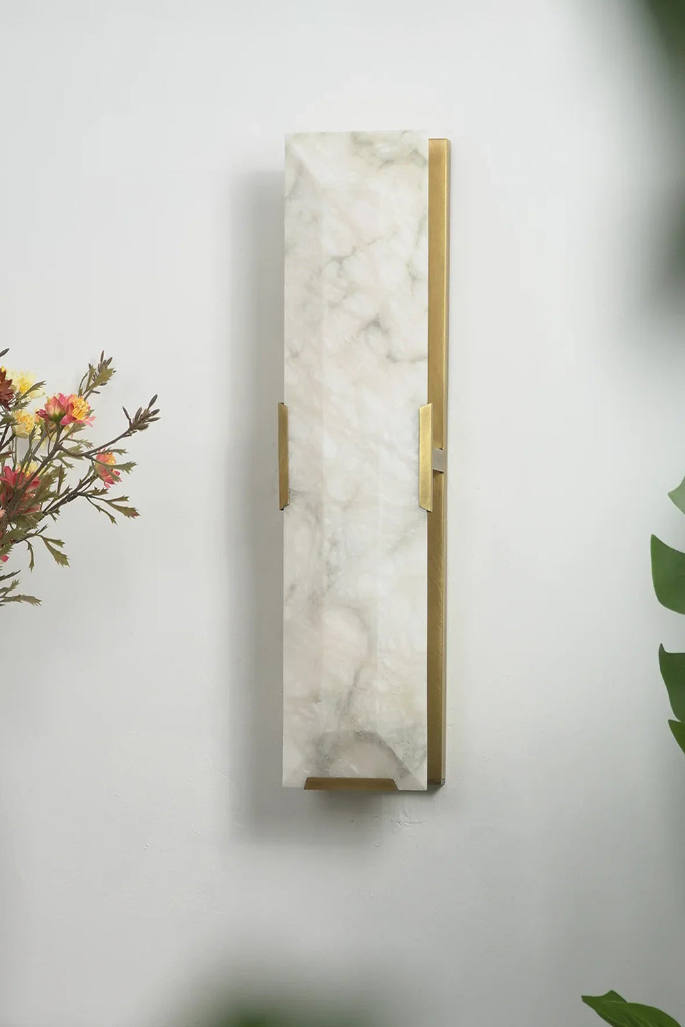 Unlit rectangular alabaster wall sconce | Brass, Alabaster | Mounted on a clean white wall | vexa lamps