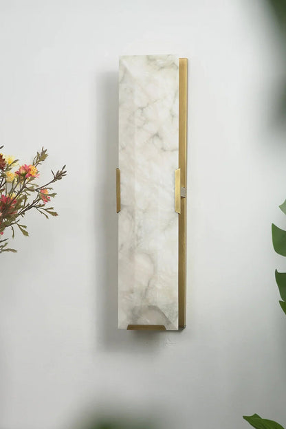 Unlit rectangular alabaster wall sconce | Brass, Alabaster | Mounted on a clean white wall | vexa lamps