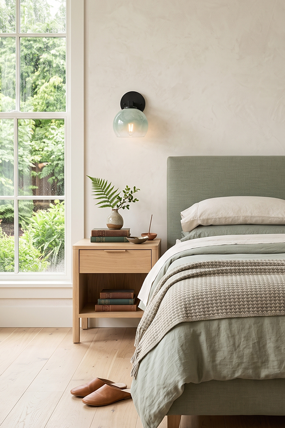 Alba Ombre Glass Wall Sconce illuminating a stylish bedroom beside a cozy bed and bedside table.