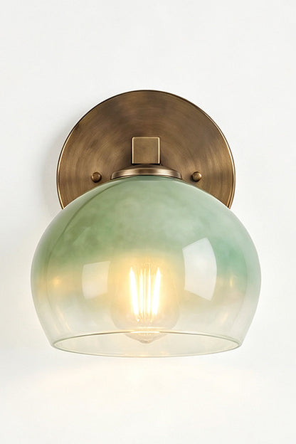 Alba Ombre Glass Wall Sconce with hand-blown green to clear glass globes and sleek iron bar.