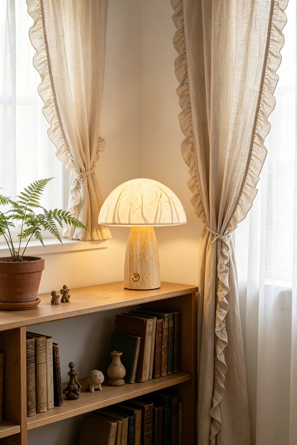 Alice Mushroom Table Lamp | Wood, Glass | Standing on a light wooden display shelf near a window with elegant sheer lace curtains | vexa lamps