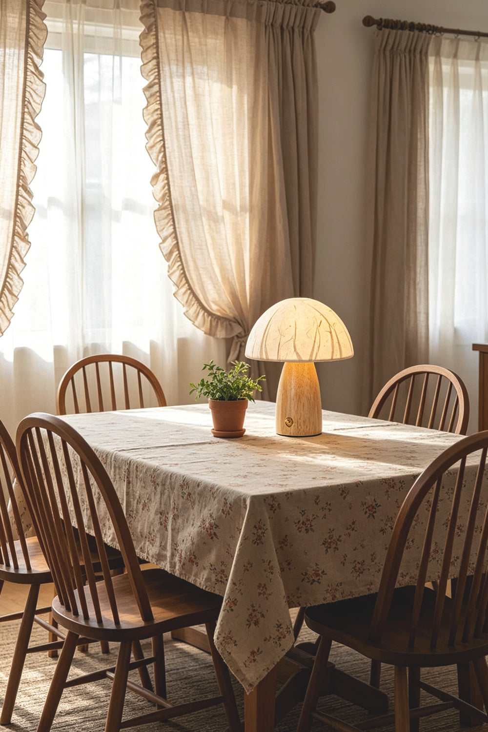 Alice Mushroom Table Lamp | Wood, Glass | Serving as a charming accent on a rustic wooden dining table decorated with a checkered tablecloth | vexa lamps