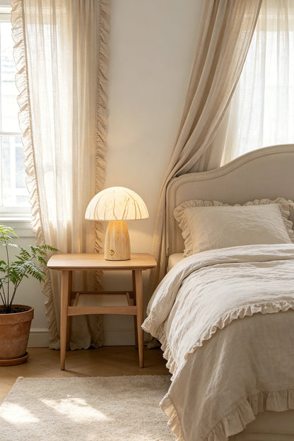 Alice Mushroom Table Lamp | Wood, Glass | Placed as a cozy bedside nightlight on a light wood nightstand in a soft cream-toned bedroom | vexa lamps