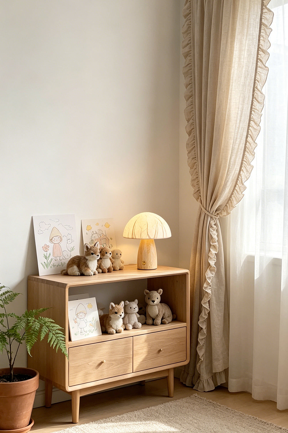 Alice Mushroom Table Lamp | Wood, Glass | Styled on a low wooden console cabinet next to a sunlit window with a green potted plant nearby | vexa lamps