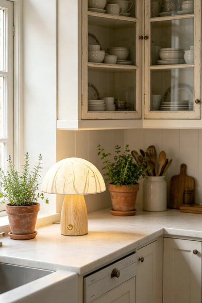Alice Mushroom Table Lamp | Wood, Glass | Set on a clean white kitchen countertop next to a window with potted green herbs and classic cabinets | vexa lamps