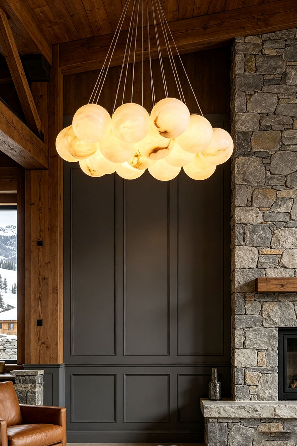 Amandine Alabaster Globe Cluster Pendant Light illuminating a modern dining room with elegant alabaster globes.