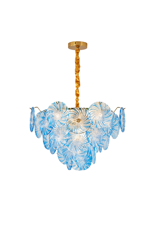 Amara Pink Glass Petal Chandelier | Textured Murano Glass, Gold | Isolated lit view of the luxury blue glass petal variation featuring rows of overlapping textured sea-blue glass petals on a gold frame | White background | vexa lamps