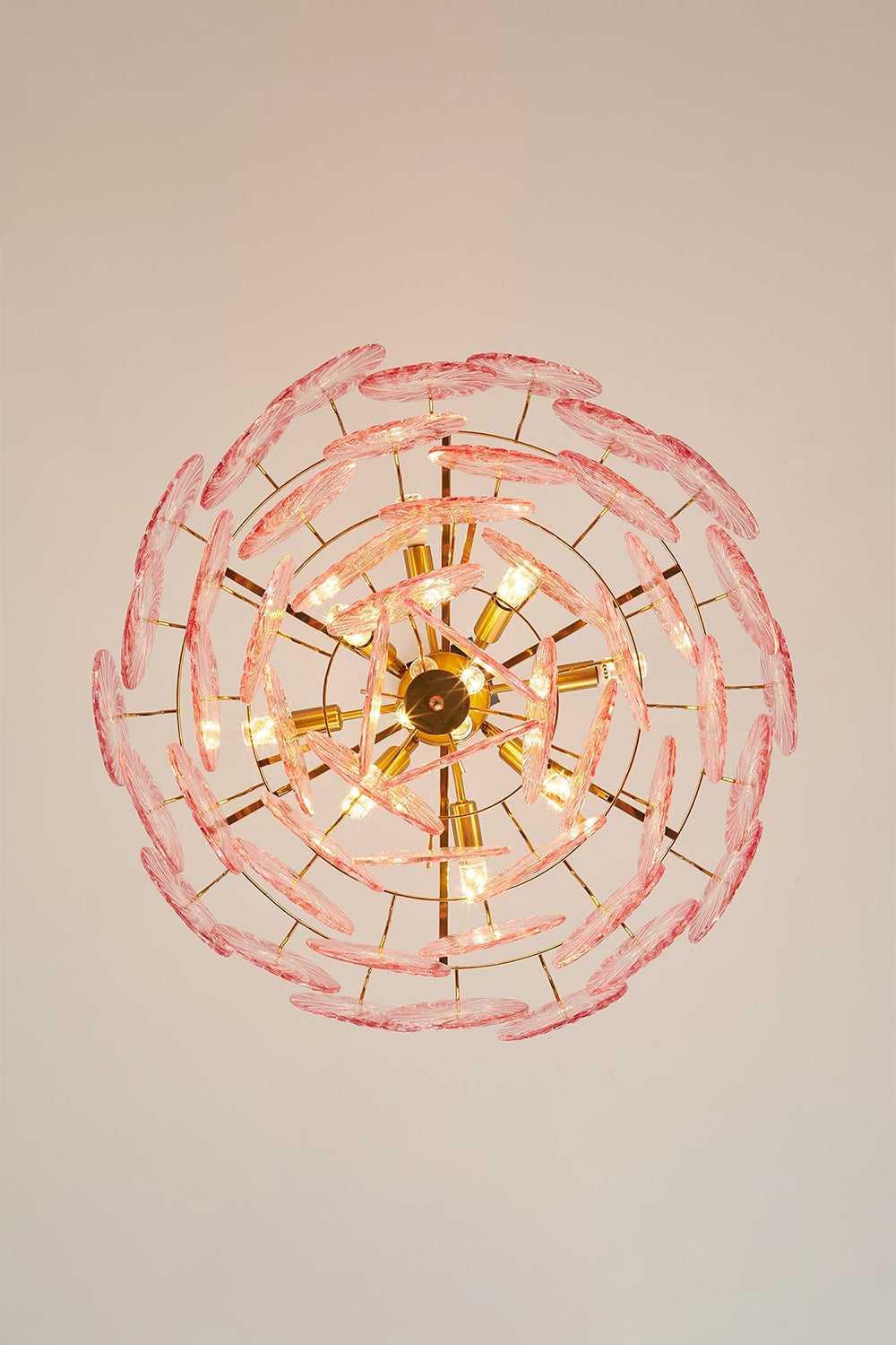 Amara Pink Glass Petal Chandelier | Bottom-Up View | Direct bottom-up view of the pink variation showcasing the internal multi-arm gold metal structure and radial petal layout | vexa lamps