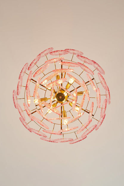 Amara Pink Glass Petal Chandelier | Bottom-Up View | Direct bottom-up view of the pink variation showcasing the internal multi-arm gold metal structure and radial petal layout | vexa lamps