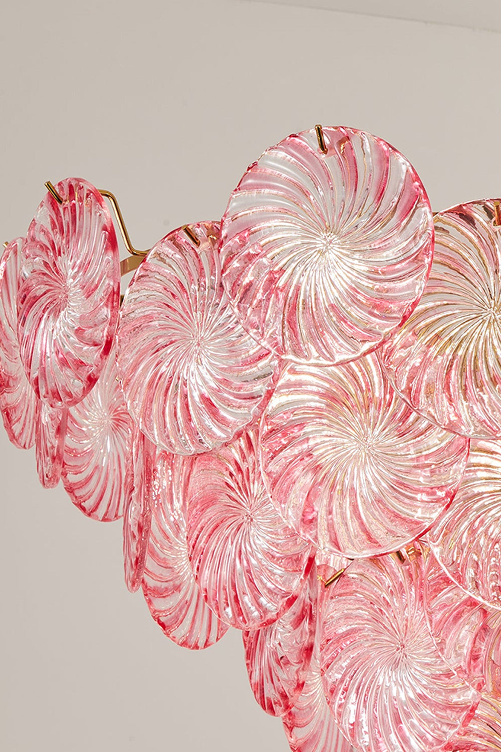 Amara Pink Glass Petal Chandelier | Side Profile View | Close-up side perspective of the pink glass petal layers showing their elegant curved silhouette against a light background | vexa lamps