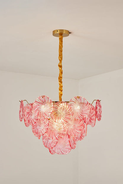 Amara Pink Glass Petal Chandelier | Pink Studio View | Studio view of the fully lit pink glass petal chandelier variant radiating a magnificent warm golden-pink halo | vexa lamps