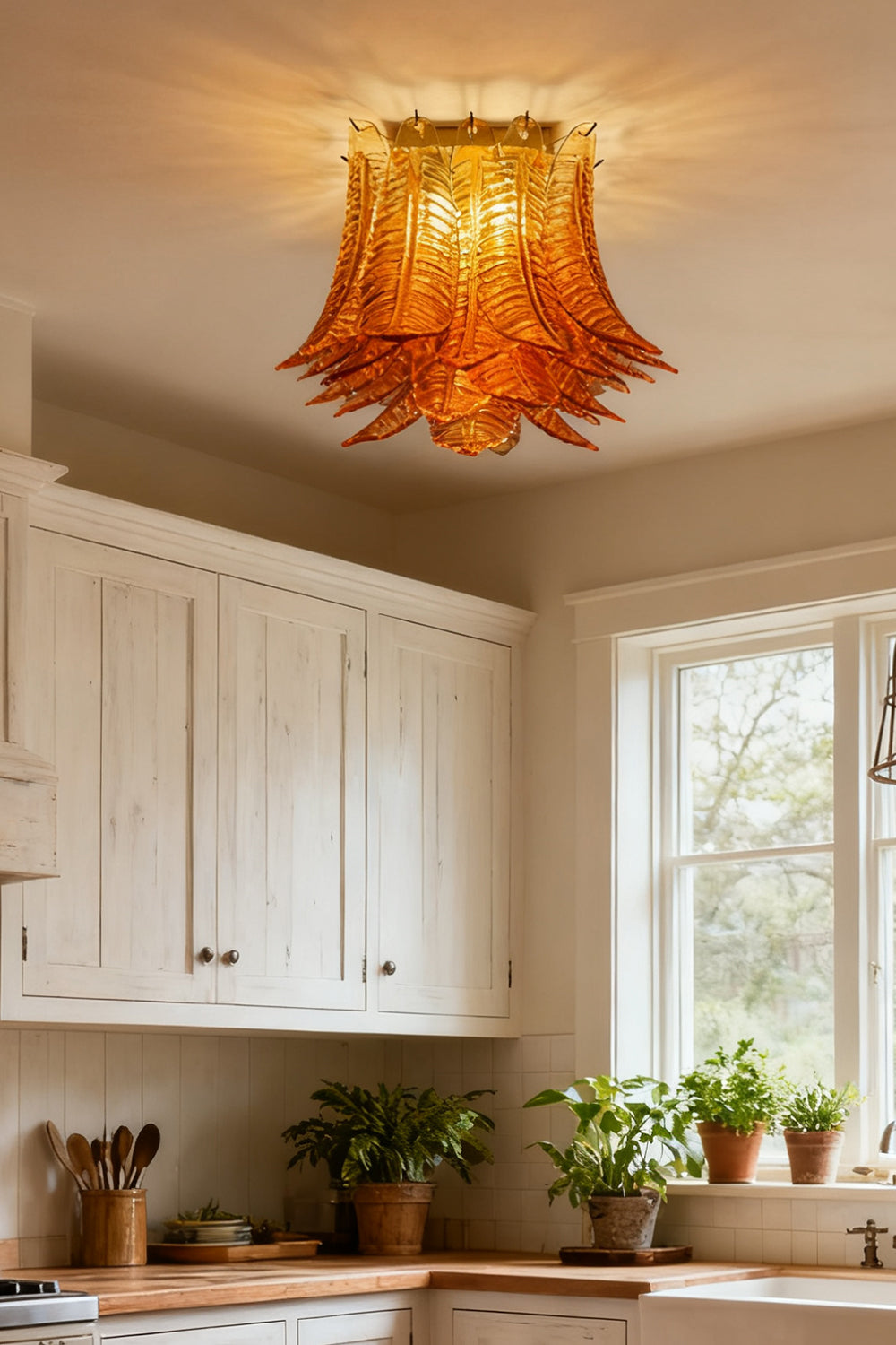 Amber Fern-Leaf Art Glass Ceiling Light - view 6 | everlamps