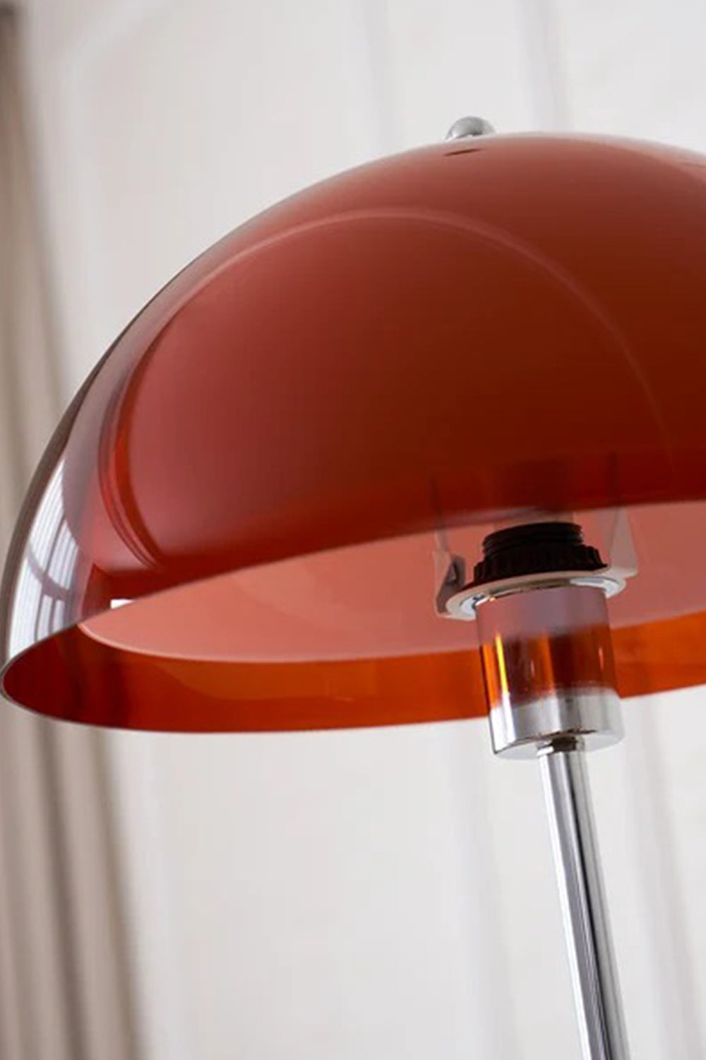 Ambrose Amber Dome Floor Lamp | Amber Glass, Metal and Wood | Close-up detail of the glossy amber shade and chrome hardware | vexa lamps