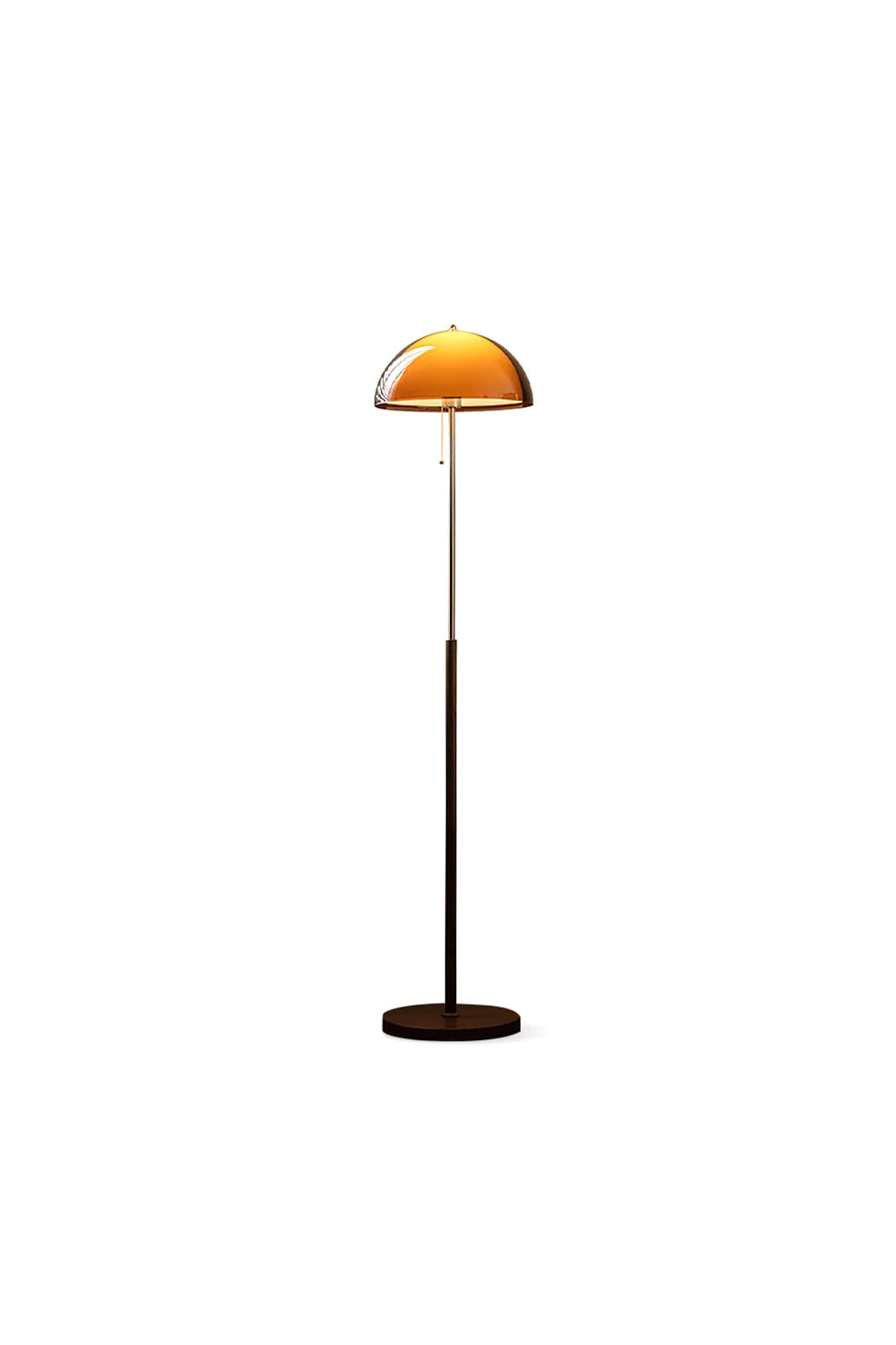 Ambrose Amber Dome Floor Lamp | Amber Glass, Metal and Wood | Front full view on a pure white background, illuminated | vexa lamps