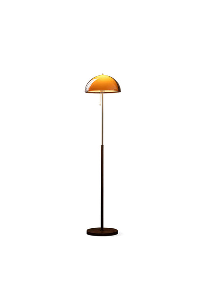 Ambrose Amber Dome Floor Lamp | Amber Glass, Metal and Wood | Front full view on a pure white background, illuminated | vexa lamps