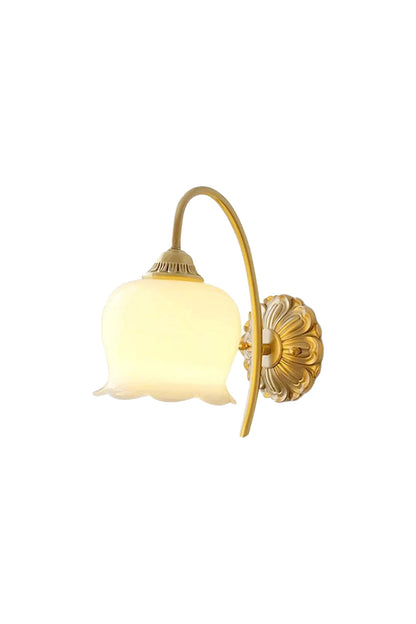 Amelie Vintage Tulip Wall Lamp featuring a frosted glass shade and antique brass backplate.