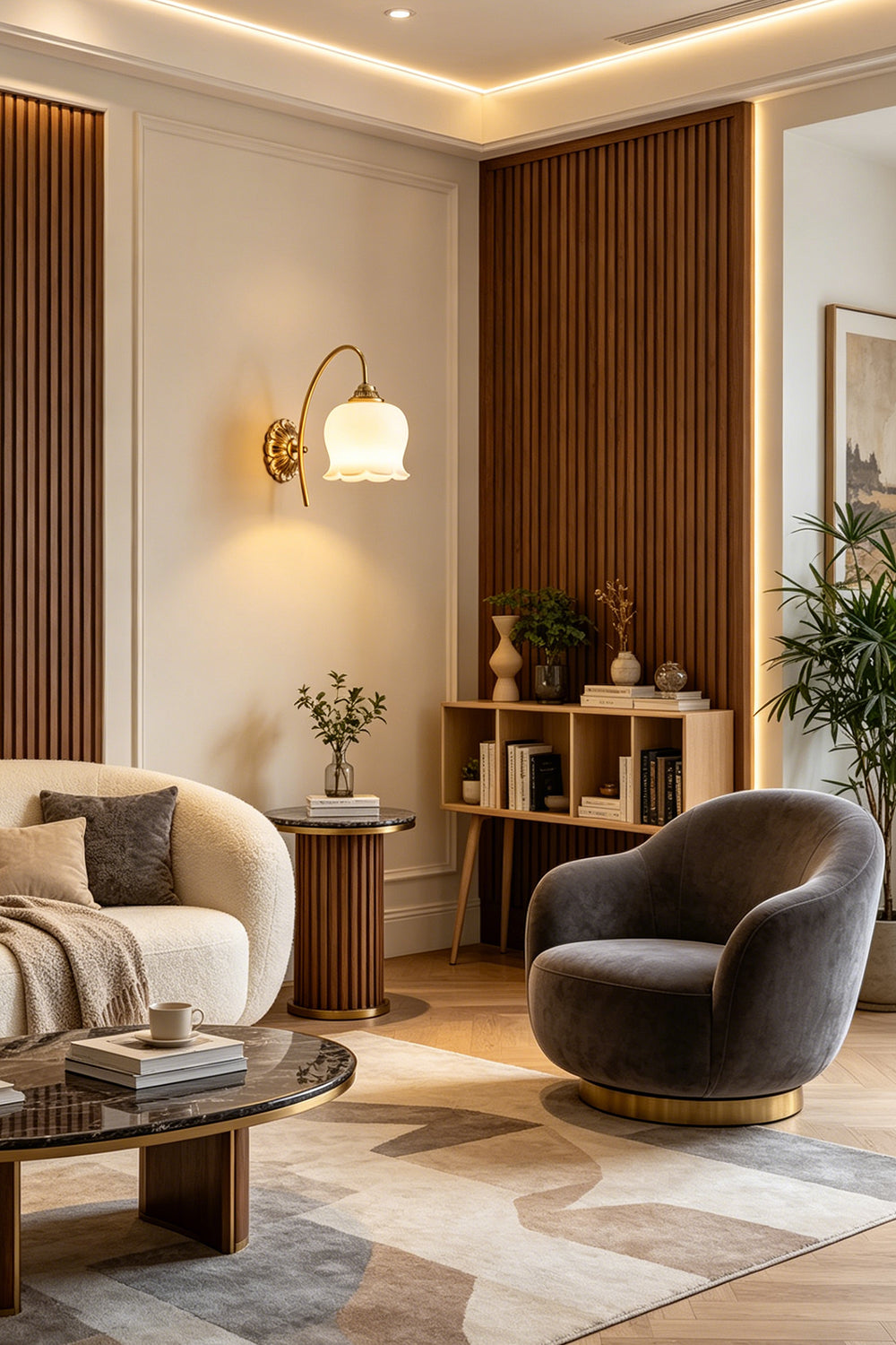 Amelie Vintage Tulip Wall Lamp illuminating a cozy living room with modern decor and soft lighting.