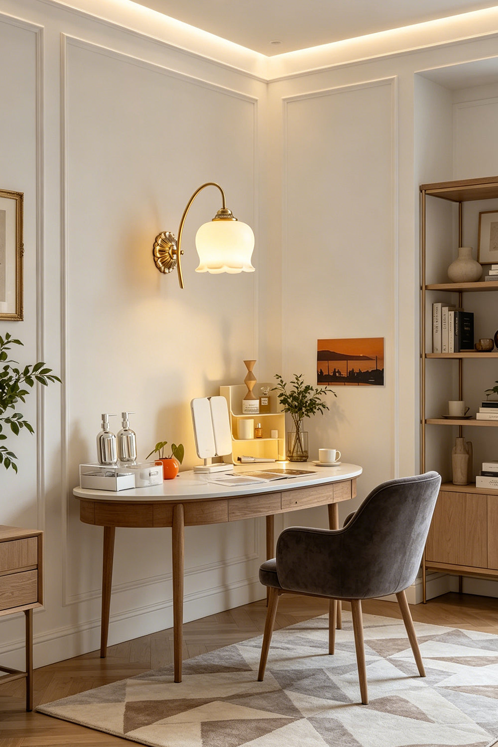 Amelie Vintage Tulip Wall Lamp illuminating a stylish workspace with a charming design and warm ambiance.
