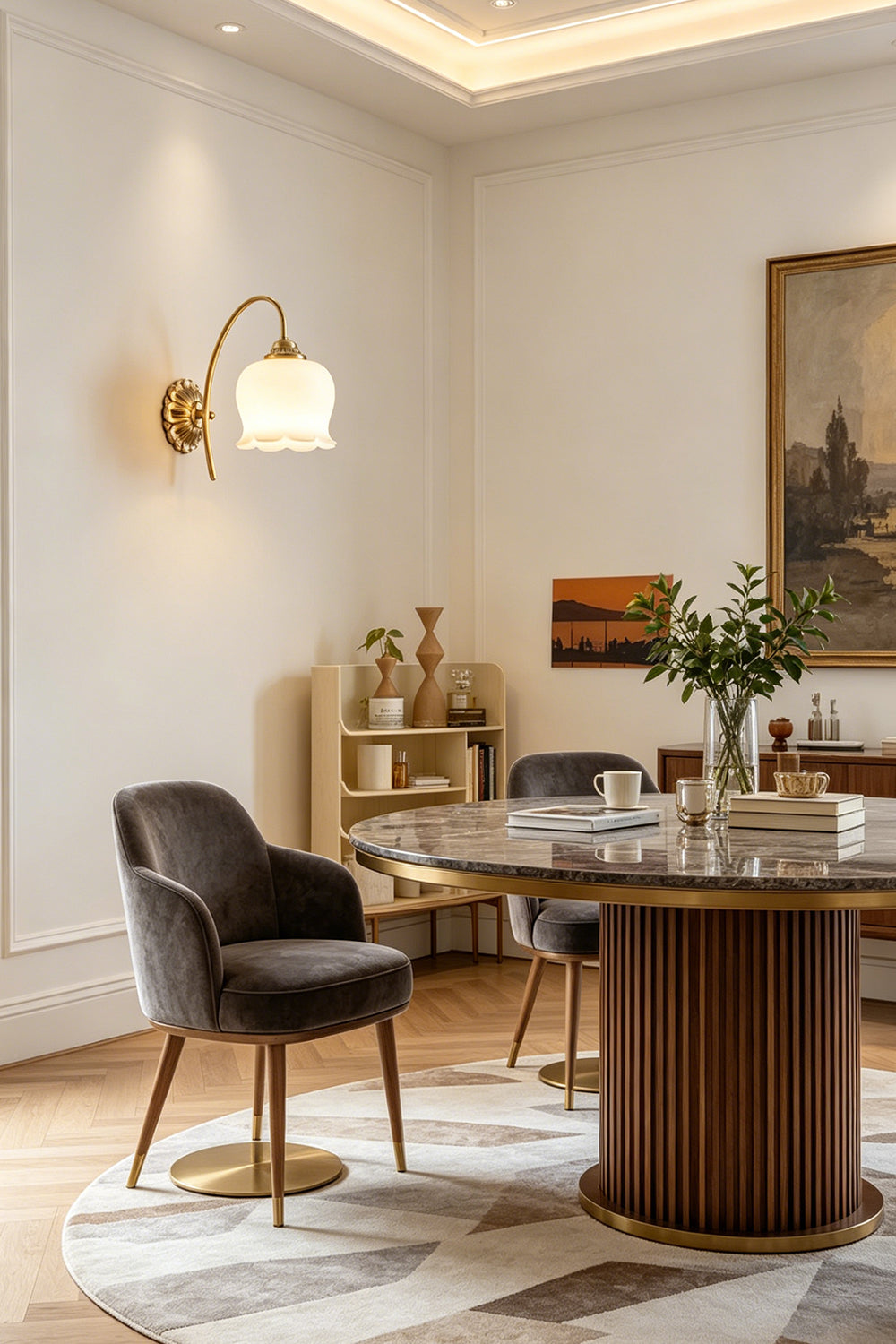 Interior view featuring the Amelie Vintage Tulip Wall Lamp illuminating a stylish dining area with modern decor.
