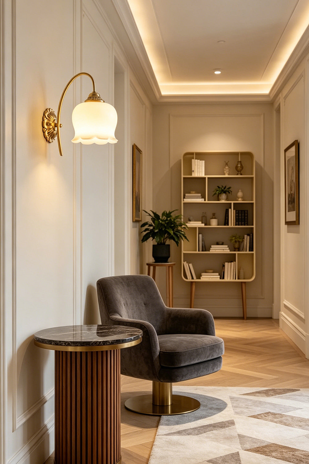 Amelie Vintage Tulip Wall Lamp illuminating a stylish interior with a cozy armchair and elegant decor.