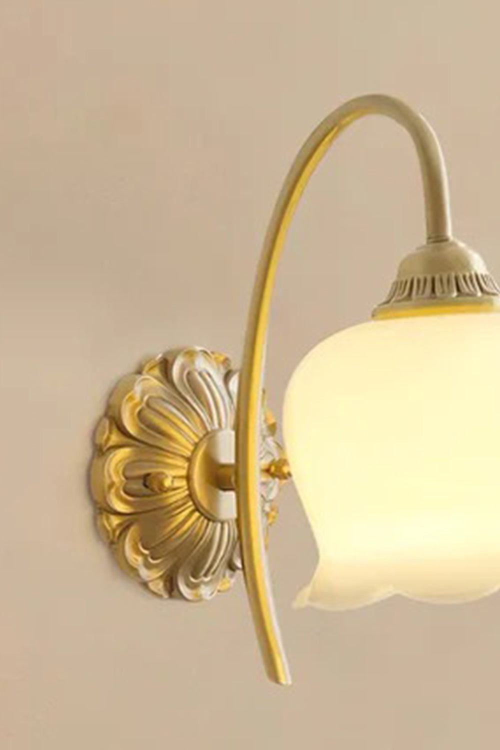 Amelie Vintage Tulip Wall Lamp with frosted glass shade and ornate brass backplate.