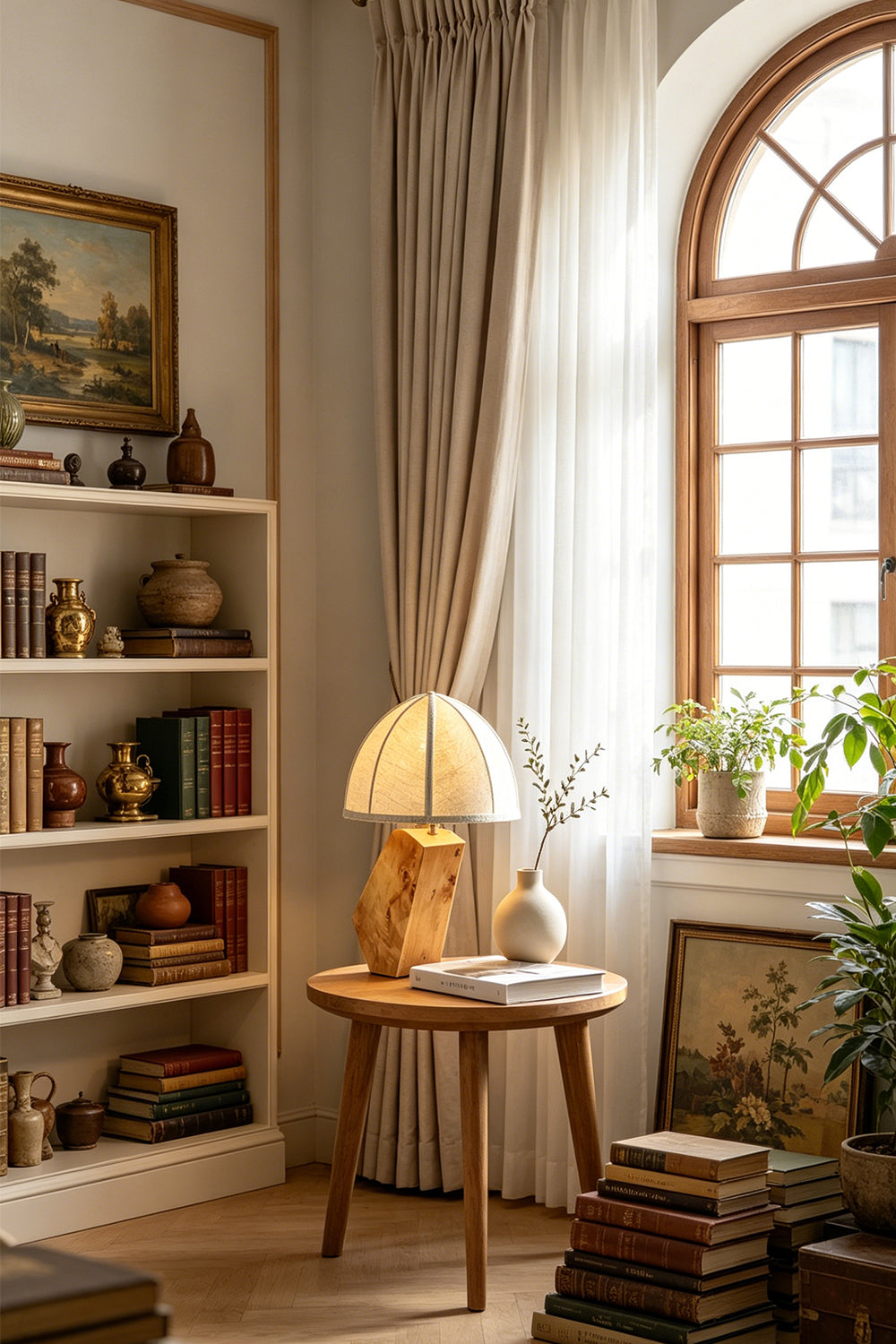 Angolo Canted Faceted Wood Table Lamp | Wood, Fabric, Metal | Providing a warm glow on a wooden side table in a bright room corner next to white shelves | vexa lamps