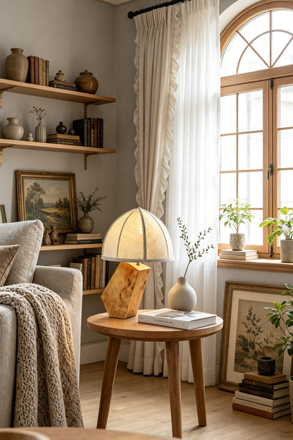 Angolo Canted Faceted Wood Table Lamp | Wood, Fabric, Metal | Placed on a wooden stool in a relaxed room corner with open wall shelving and a window | vexa lamps