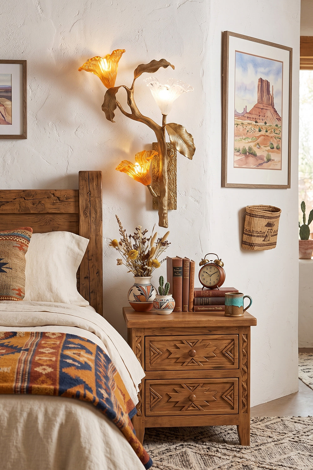 Arboreal Bloom Brass Wall Lamp | Brass, Glass | The Arboreal Bloom brass wall lamp mounted over a rustic wooden table with baskets of produce, spice racks, and potted plants in a southwestern-style dining nook | Lifestyle in-situ shot | vexa lampsArboreal Bloom