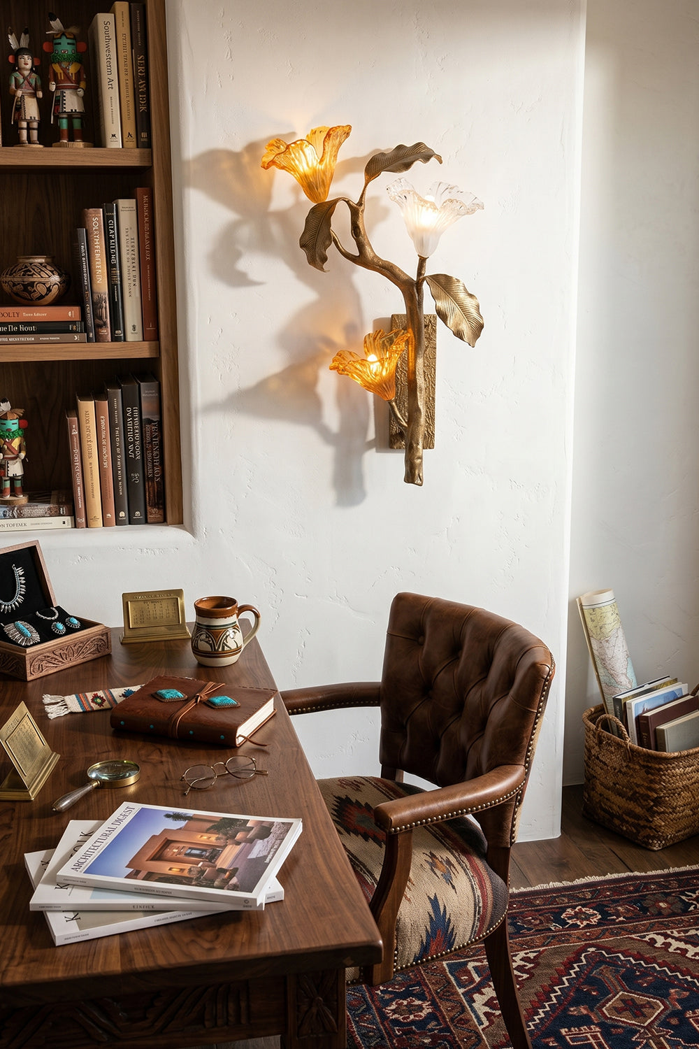 Arboreal Bloom Brass Wall Lamp | Brass, Glass | An isolated, full-body view of the lit Arboreal Bloom brass wall lamp on a clean white background, featuring the detailed brass work and glowing glass shades, identical to image 1 | Isolated lit product shot | vexa lampsArboreal Bloom