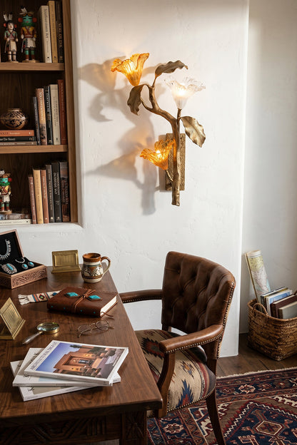 Arboreal Bloom Brass Wall Lamp | Brass, Glass | An isolated, full-body view of the lit Arboreal Bloom brass wall lamp on a clean white background, featuring the detailed brass work and glowing glass shades, identical to image 1 | Isolated lit product shot | vexa lampsArboreal Bloom
