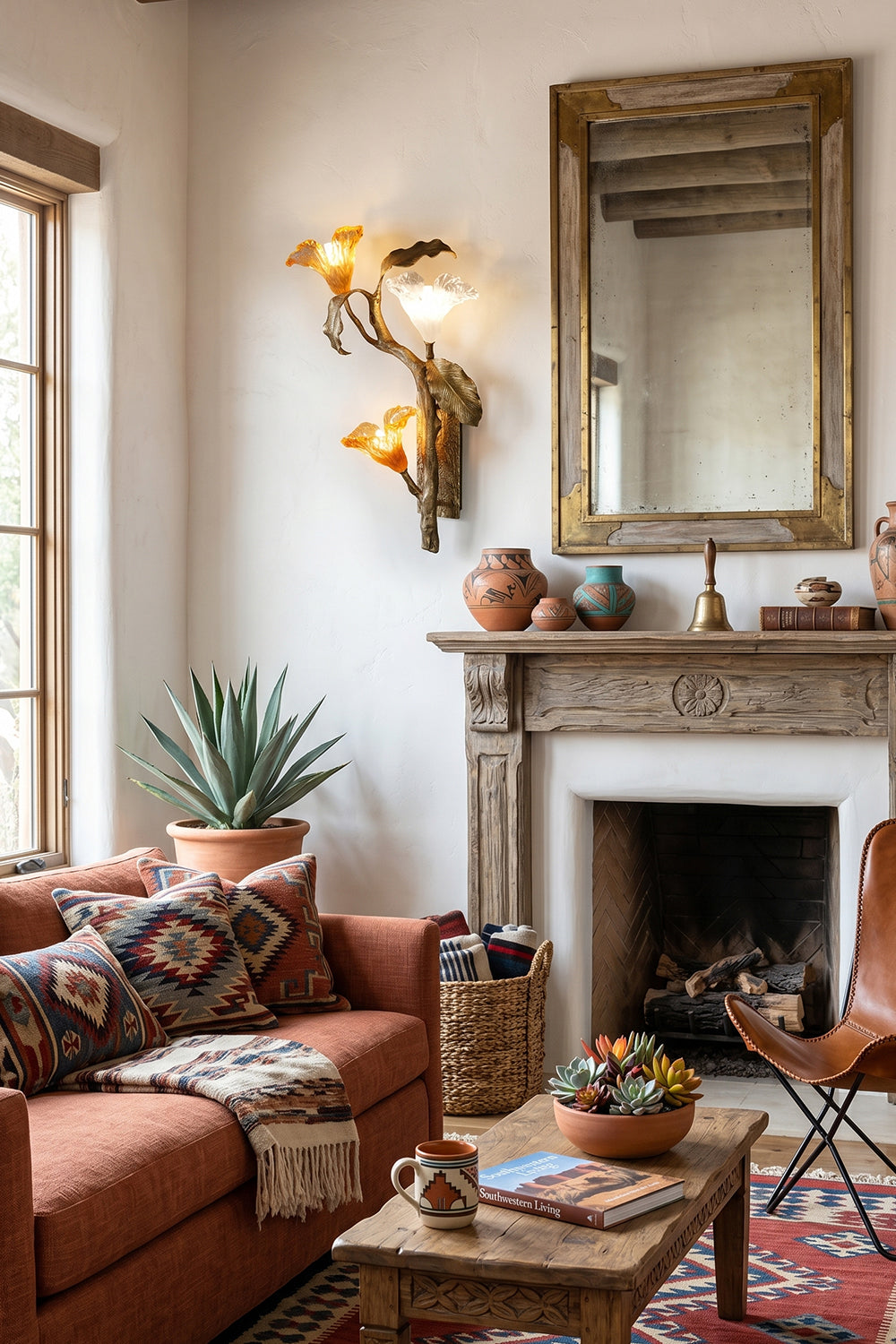 Arboreal Bloom Brass Wall Lamp | Brass, Glass | The Arboreal Bloom brass wall lamp mounted on a rustic plaster wall above a vintage wooden desk with books, a leather chair, a globe, and other study items, providing a warm accent glow | Lifestyle in-situ shot | vexa lampsArboreal Bloom