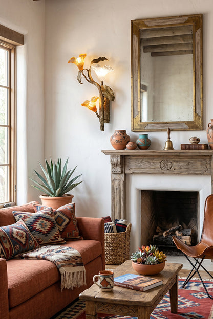 Arboreal Bloom Brass Wall Lamp | Brass, Glass | The Arboreal Bloom brass wall lamp mounted on a rustic plaster wall above a vintage wooden desk with books, a leather chair, a globe, and other study items, providing a warm accent glow | Lifestyle in-situ shot | vexa lampsArboreal Bloom