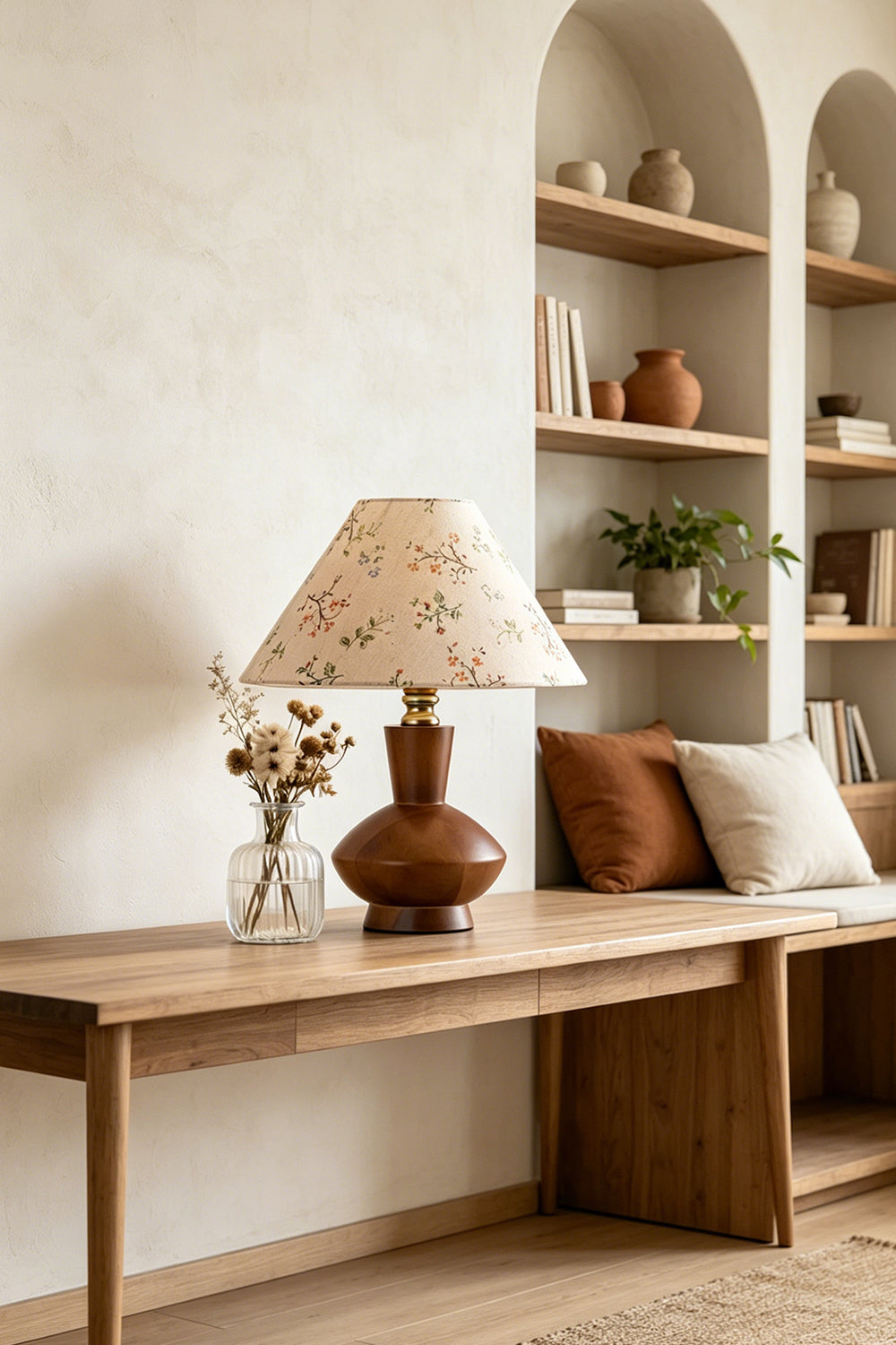 Arboreal Canopy Walnut Table Lamp on a wooden table with floral decor in a cozy interior setting.