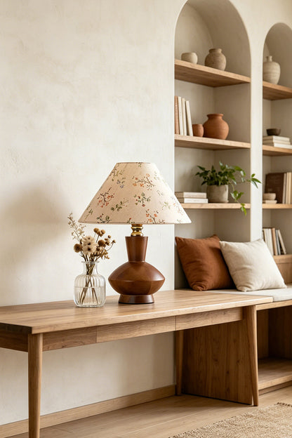 Arboreal Canopy Walnut Table Lamp on a wooden table with floral decor in a cozy interior setting.