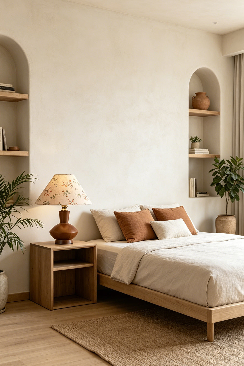 Arboreal Canopy Walnut Table Lamp illuminating a cozy bedroom with a warm color scheme and elegant decor.