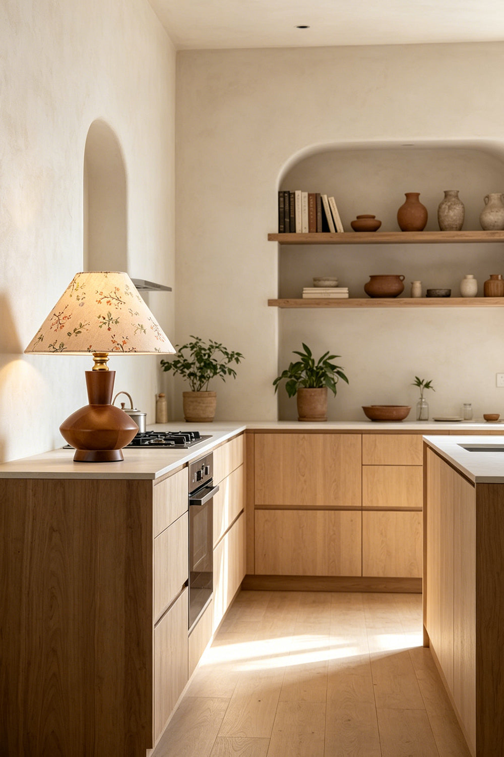 Arboreal Canopy Walnut Table Lamp in a modern kitchen with wooden cabinetry and tasteful decor.