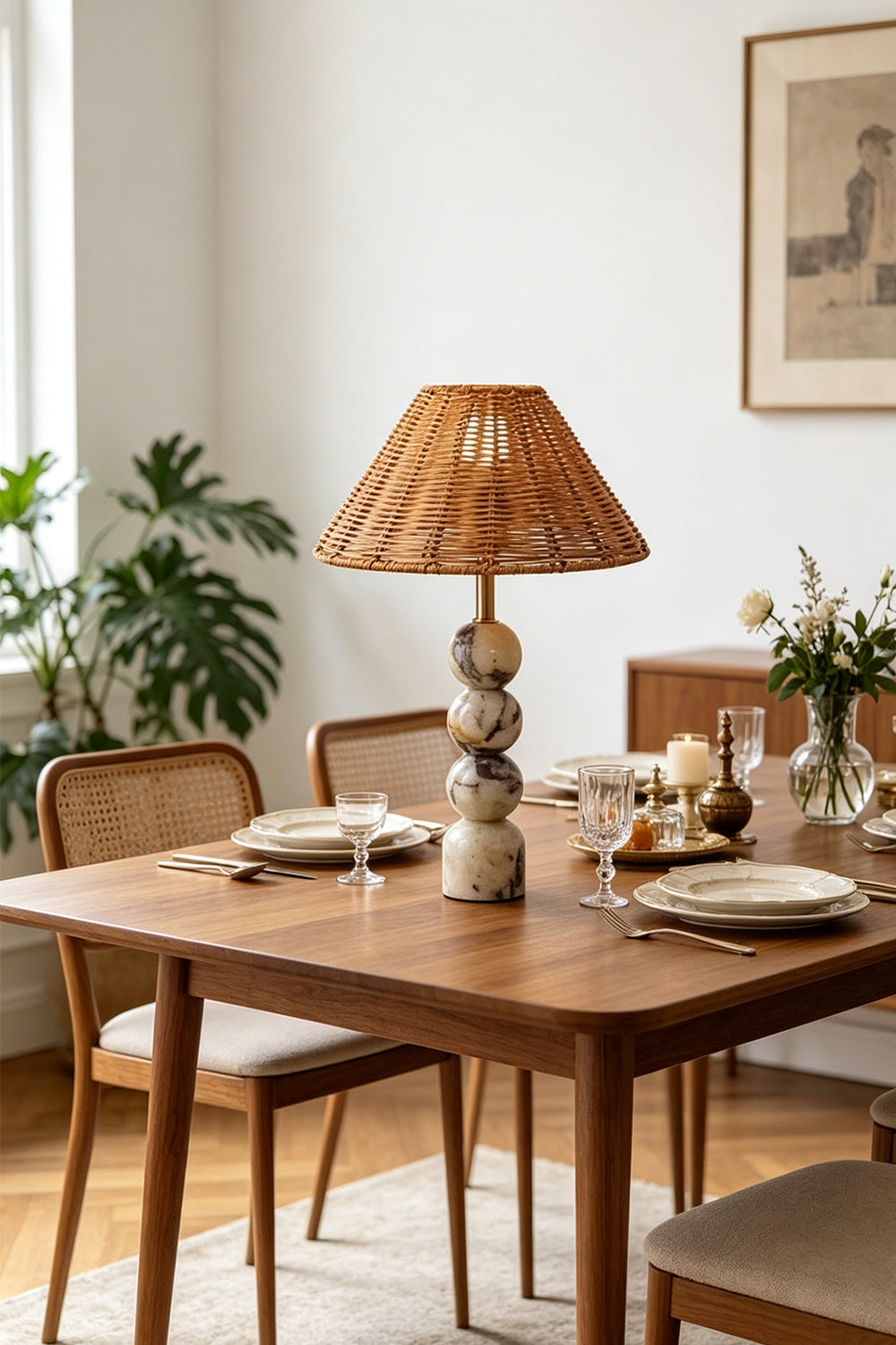Aria Rattan & Stacked Marble Table Lamp on dining table with elegant decor and plants in the background.