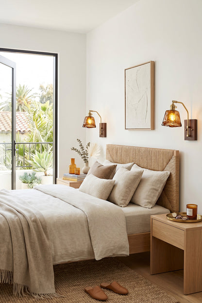 Arlo Amber Ripple Wall Lamp | Glass, Metal, Wood | Symmetrically installed as elegant bedside lighting on both sides of a natural wooden bed in a neutral-toned bedroom | vexa lamps
