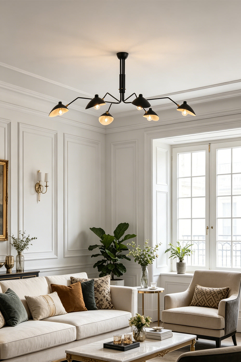 Black 6-arm articulated spider ceiling light | Metal | Installed in a classic living room with beige sofas | vexa lamps