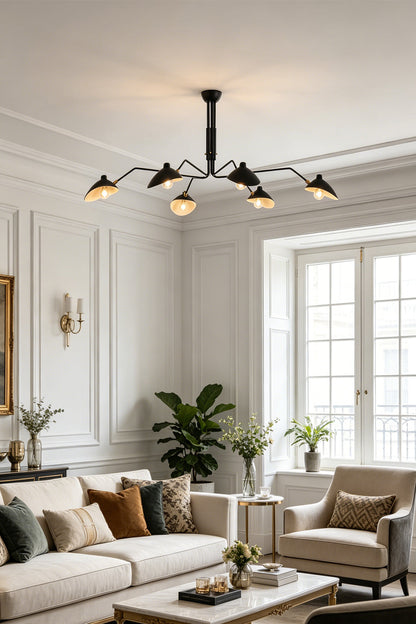 Black 6-arm articulated spider ceiling light | Metal | Installed in a classic living room with beige sofas | vexa lamps