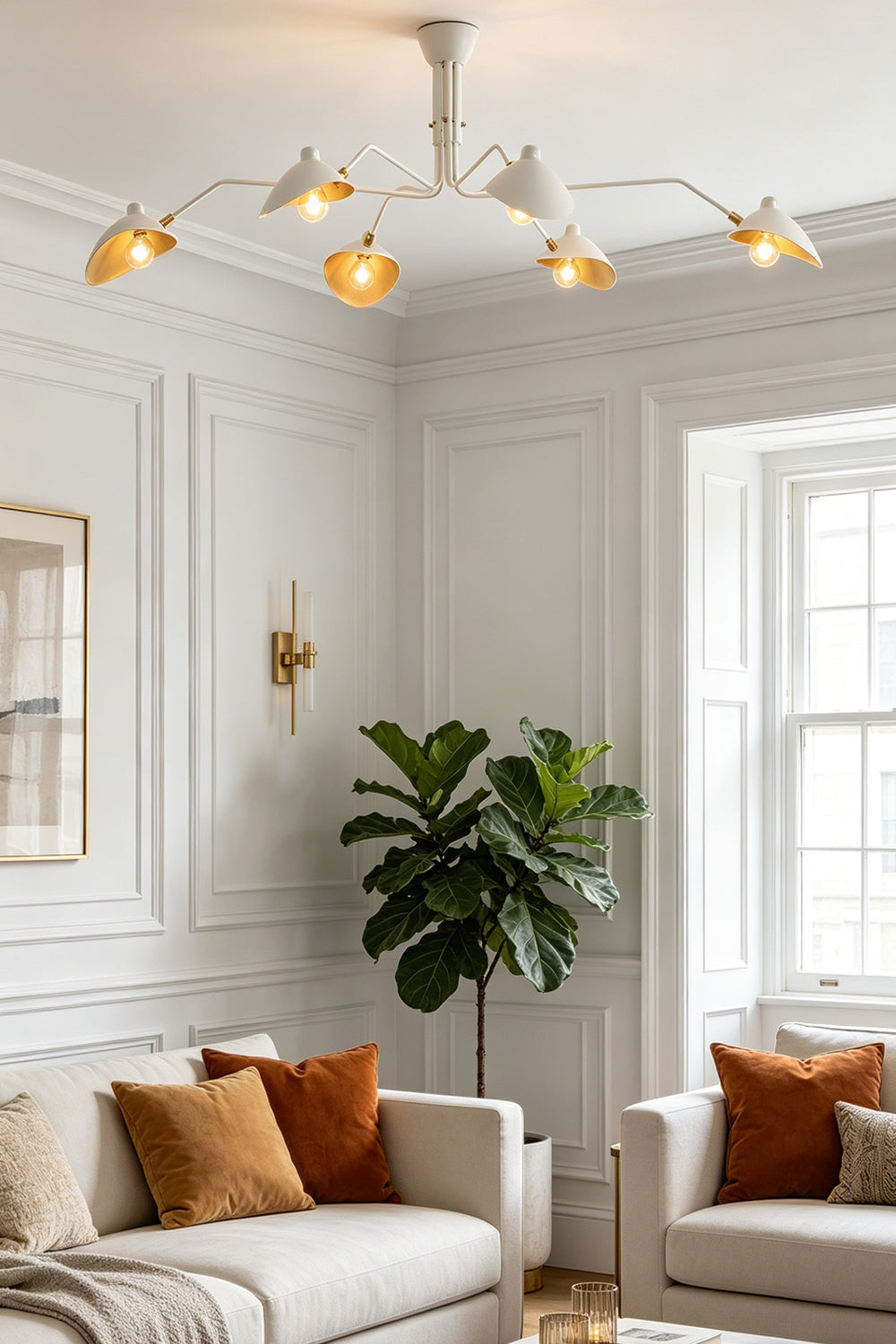 White 6-arm articulated spider ceiling light | Metal | Bright living room interior with white furniture and plants | vexa lamps