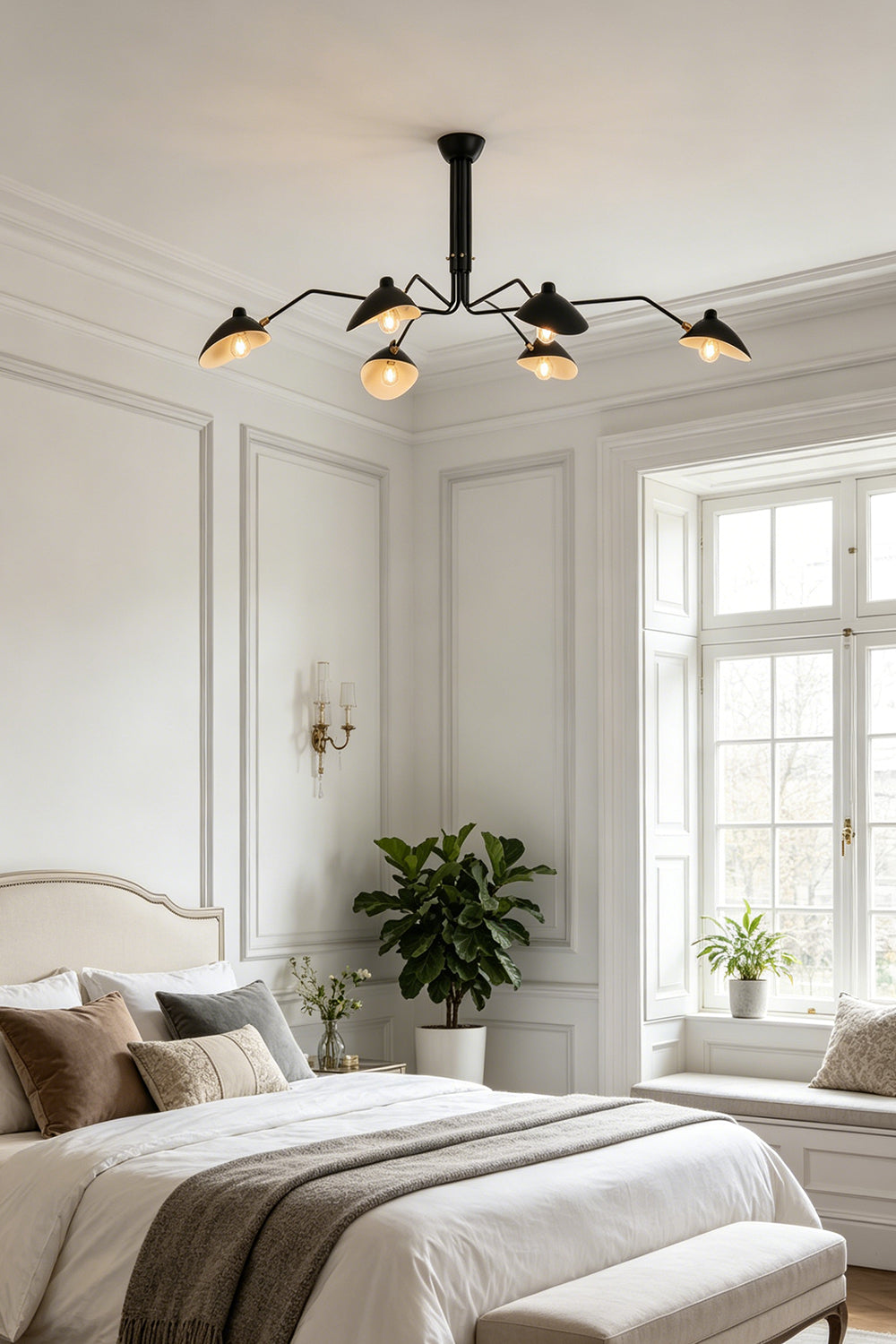 6-arm black multi arm spider ceiling light | Metal | Installed in a cozy bedroom with natural window light | vexa lamps