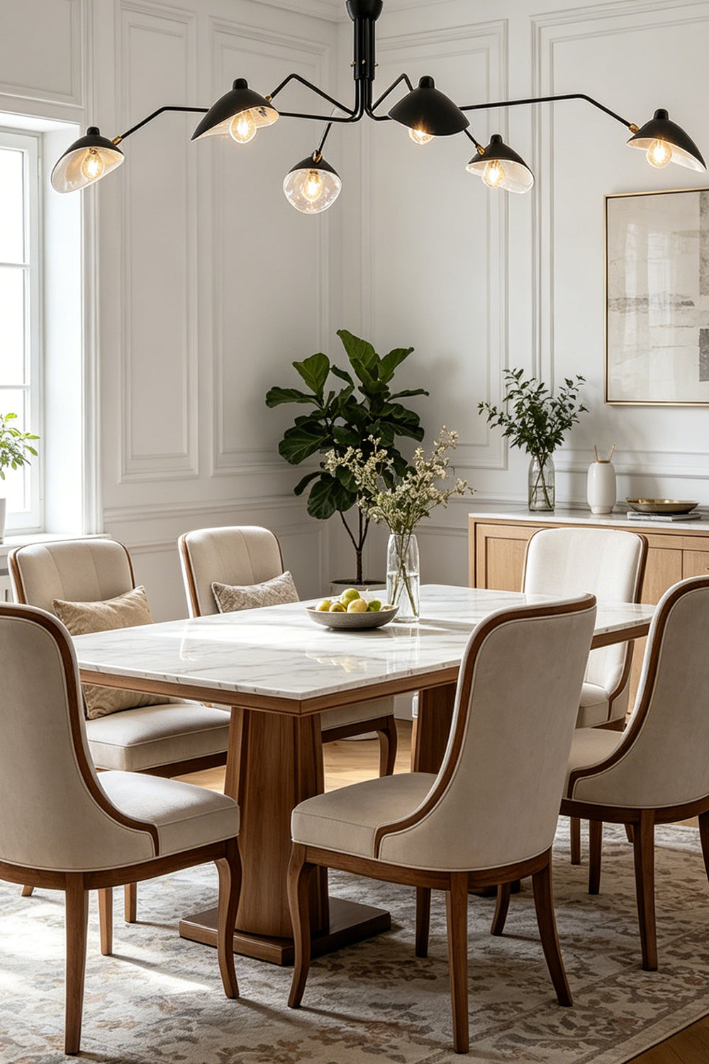 Black 6-arm articulated spider light over dining table | Metal | Centered in a traditional dining room with wooden chairs | vexa lamps