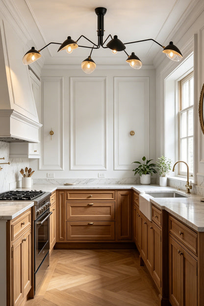 Industrial style black 6-arm spider ceiling light | Metal | Installed in a traditional kitchen with wooden cabinets | vexa lamps