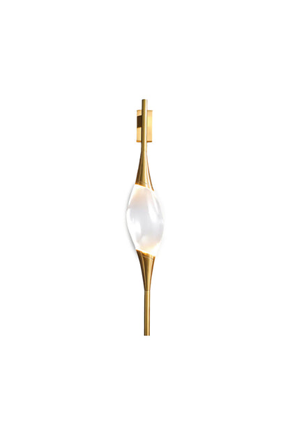 Astraea Crystal Linear Wall Sconce | Crystal, Brass | Isolated unlit view of a modern vertical linear wall sconce featuring a sculpted clear crystal center held by sleek gold brass conical ends | White background | vexa lamps