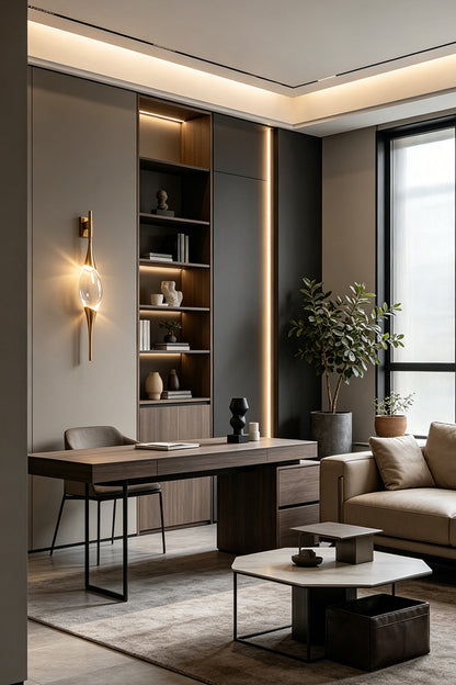 Astraea Crystal Linear Wall Sconce | Crystal, Brass | Enhancing a sophisticated home office or living area wall, mounted vertically next to a modern desk and open shelving | vexa lamps